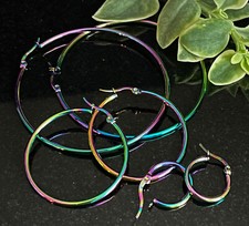 PAIR of Round Hoop Earrings 22g Rainbow Multi-color Ion Plated Stainless Steel