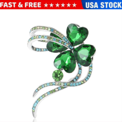 Shamrock Green Rhinestone 4 Leaf Clover Vintage Pin Brooch Jewelry Gifts Video