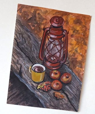 Lamp Original handmade Art Watercolor fall forest 8x6'' Painting Stylized