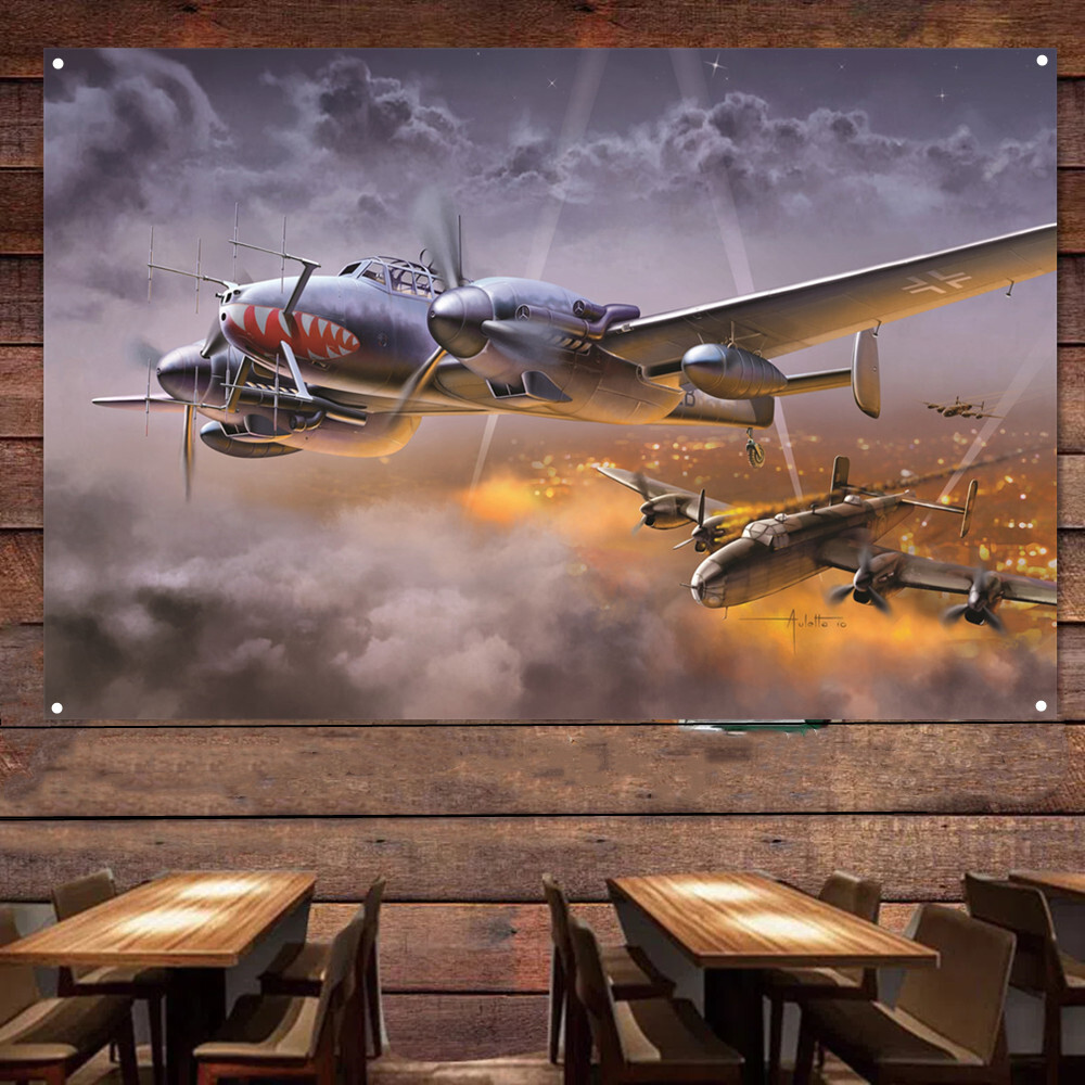 WW2 BF-110 Shooting Down British Bomber Air Force Art Poster Wall Flag  