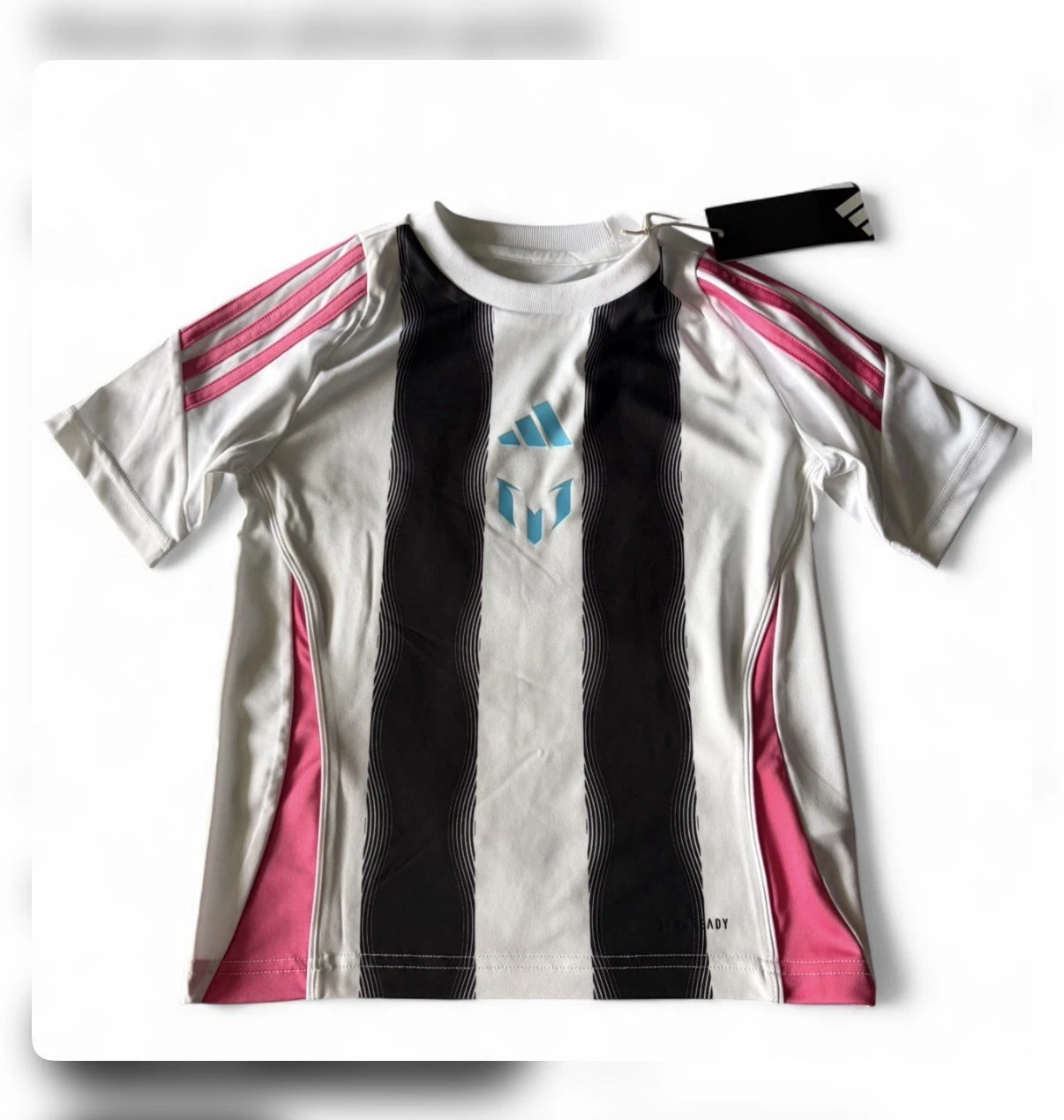 adidas Boys Soccer Jersey Striped White Black Pink Short Sleeve Size 7-8Y/128