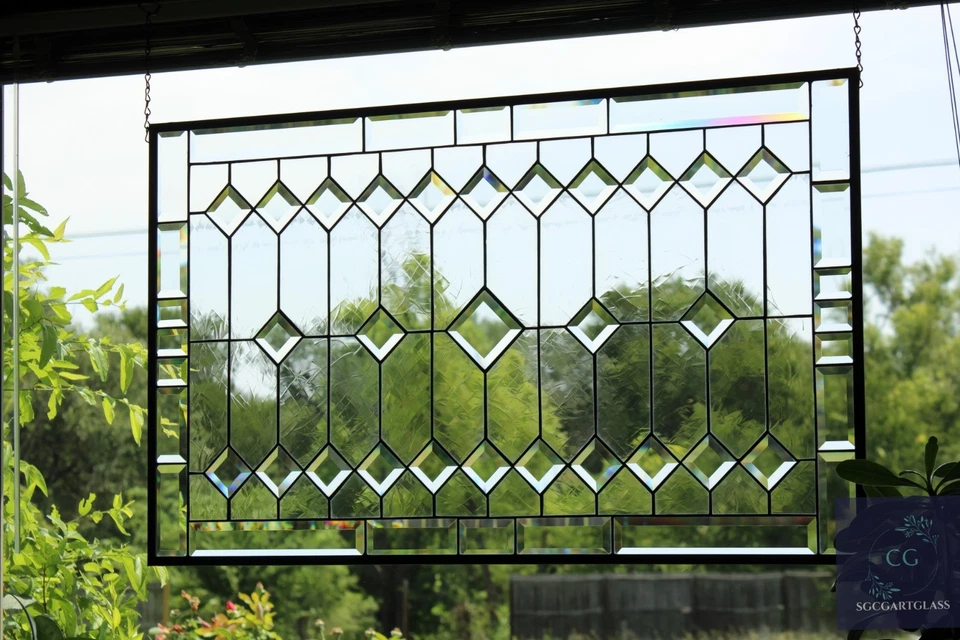 Contemporary Clear beveled stained glass window hanging panel   37.75 x 23 1/4 - Image 3 of 4