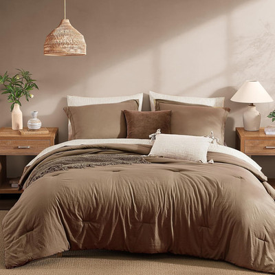 Queen Comforter Set - 7 Pieces Brown Prewashed Bed in a Bag Queen Bedding Sets w