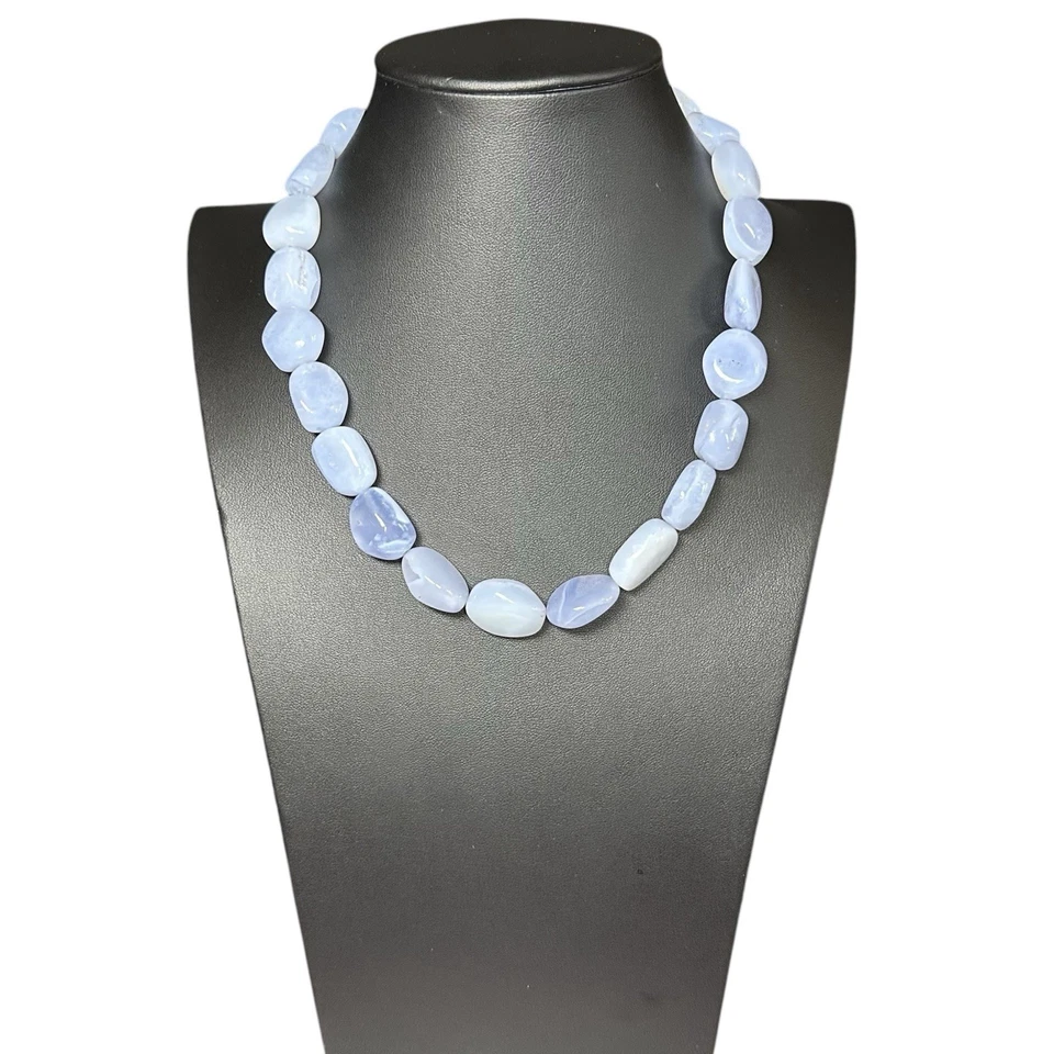 Collar de plata de ley 925 con cuentas de calcedonia azul natural de piedras preciosas periwinkle Foto 3 de 4