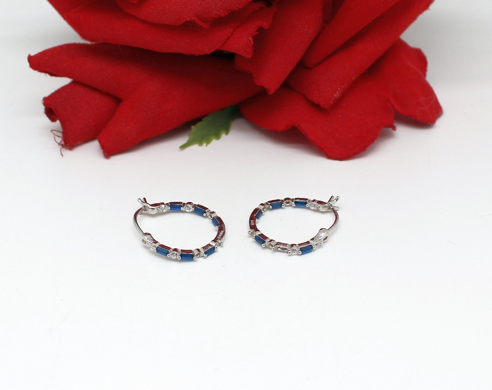 Sterling Silver Blue Gemstone Hoop Earrings 2.24g Cat Rescue JTV Pierced