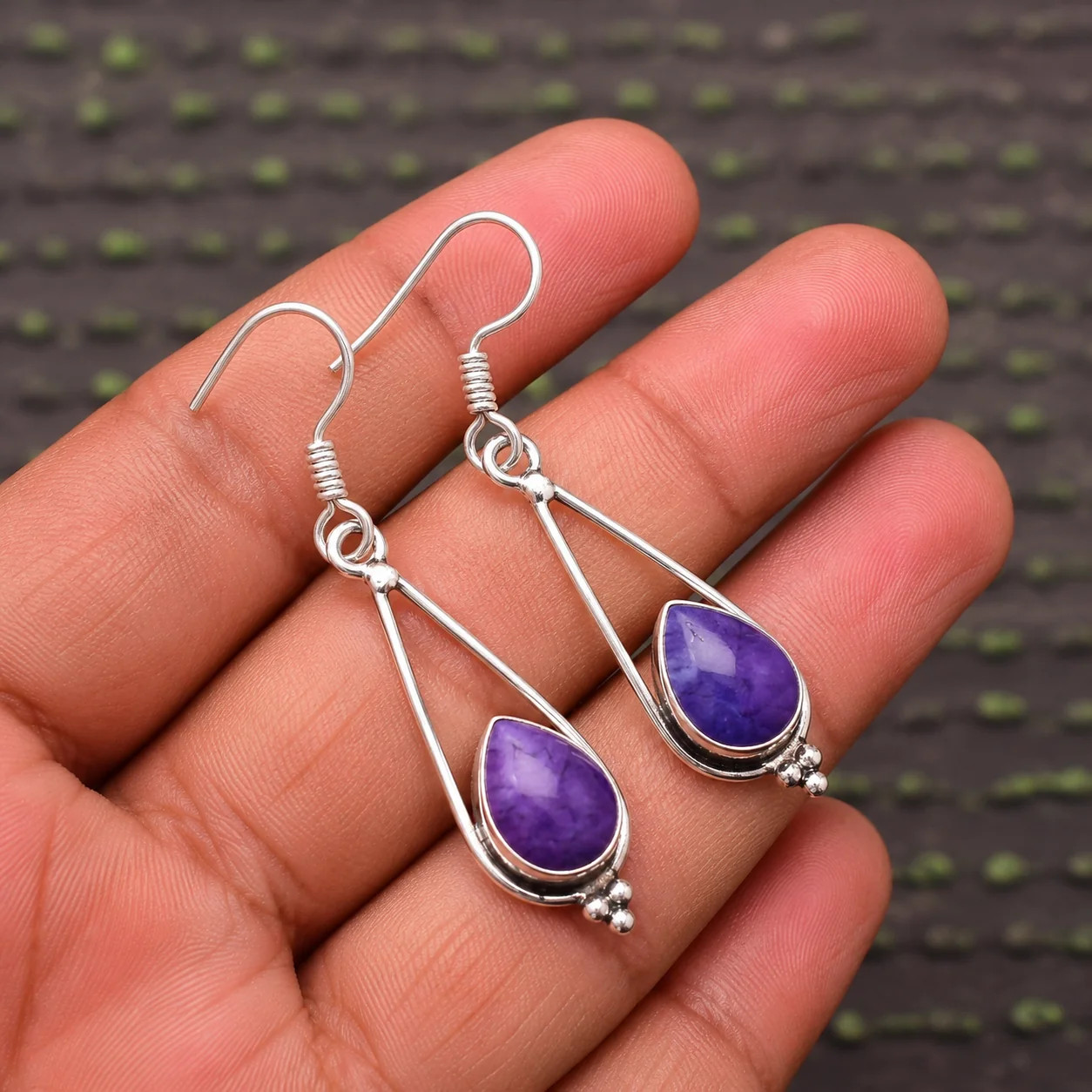Natural Amethyst 925 Sterling Silver Long Dangle Teardrop Earrings Handmade