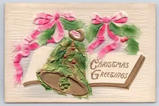 1912 Christmas Greetings Postcard- Airbrushed Embossed, Book, Bell, Holly, Bows