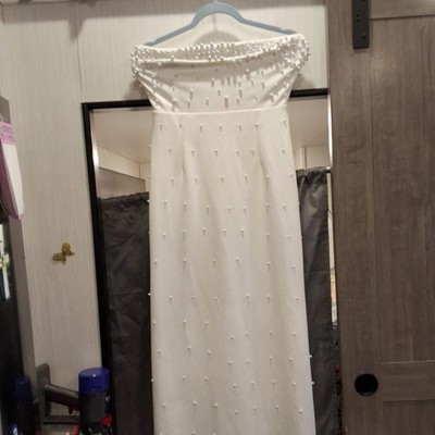White Strapless Maxi Dress Long Pearl Beaded Accents Zip Polyester Petite 2P