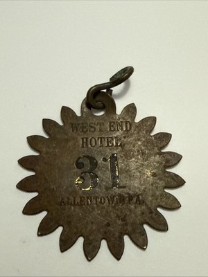 Antique West End Hotel Brass Room Key Ring Fob Tag Allentown Pa #31