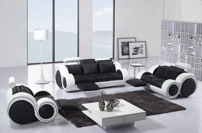 Ledersofa Couch Sofagarnitur Neu 3+2 Sitzer Garnitur Design Modern Sofa Schwarz