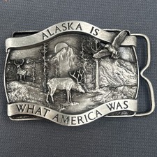 VTG 1981 Alaska Belt Buckle Wildlife Deer Eagle Mountain Western Bergamot Brass