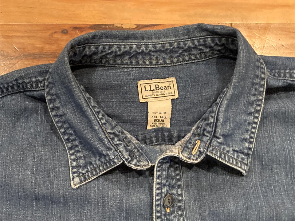 LL Bean Blue Denim Long Sleeve Button Down Jean Work Casual Shirt Mens 2XL Tall - Image 3 of 4