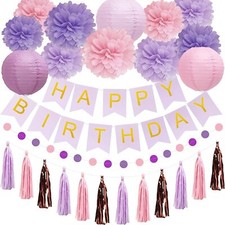 Purple Birthday Party Decorations, Happy Birthday Banner Purple,Pink