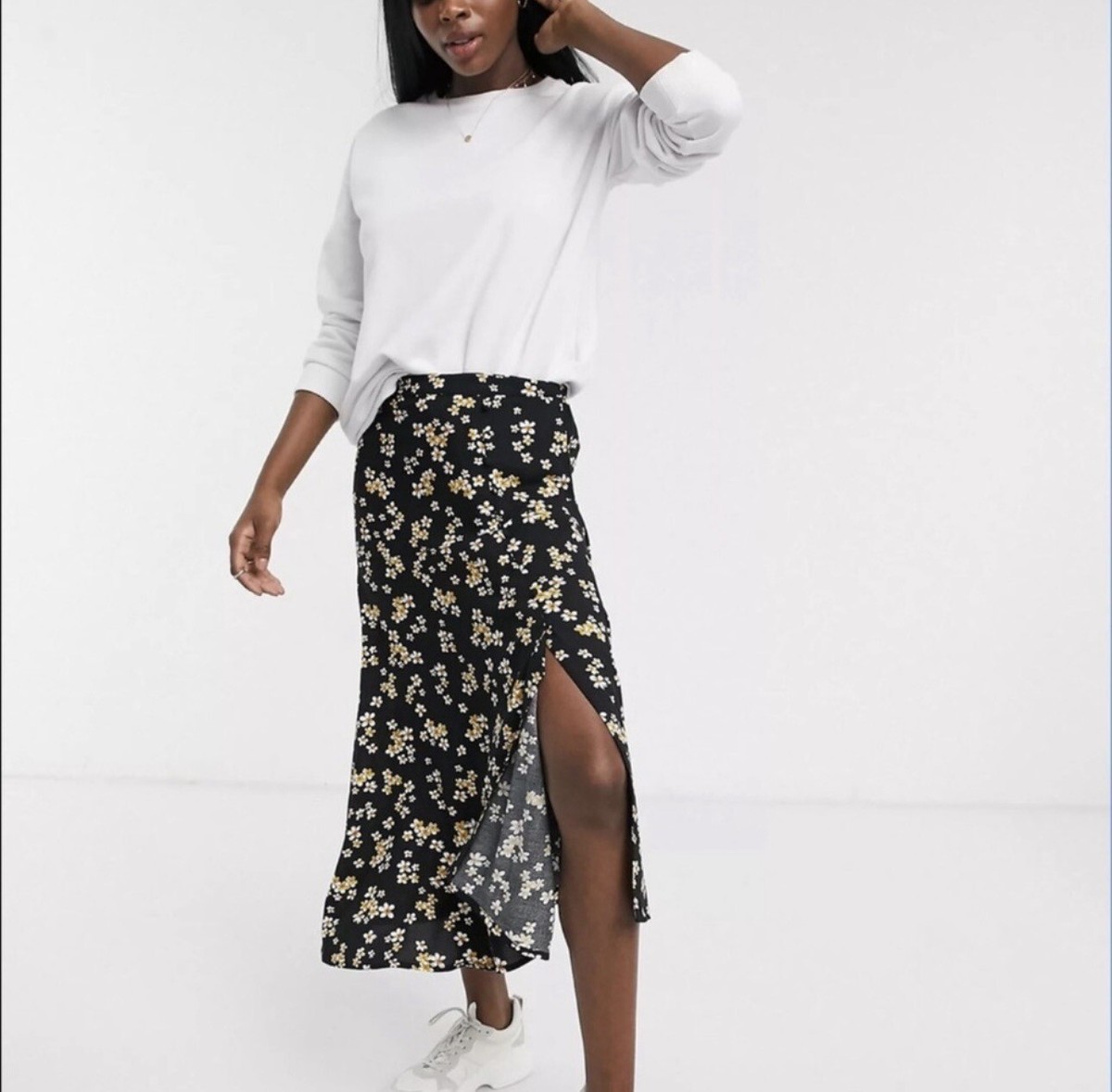 NWT Wednesday's Girl Midi Skirt With Asymmetric Hem In Ditsy