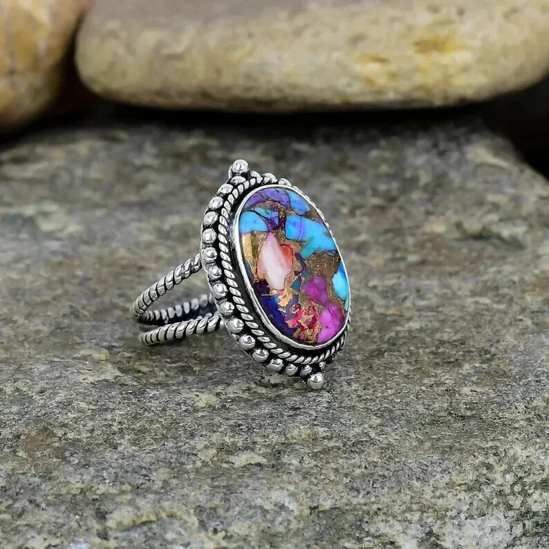 Anillo de piedras preciosas turquesa rosa natural hecho a mano anillo de plata 925 todas las tallas R309 Foto 4 de 4