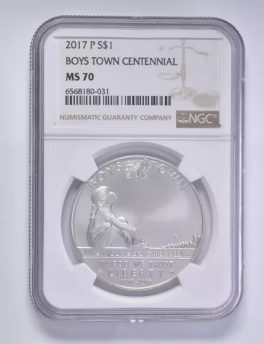 MS70 2017-P Commemorative Silver Dollar Boys Town Centennial NGC Brown Lbl
