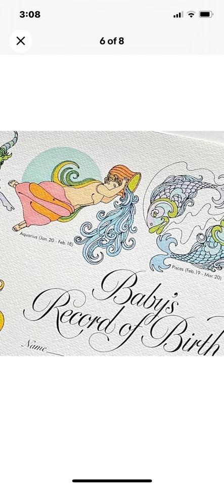 Плакат свидетельство о рождении ребенка Zodiac 1970-е винтажный подарок на детский душ - Изображение 3 из 4