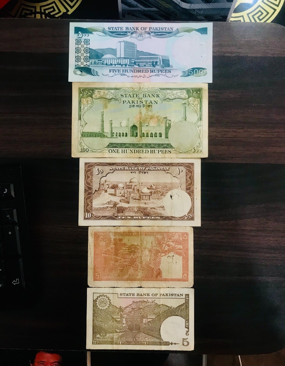 Bundle of 5 Rare 500, 100, 10, 5 & 5 Rupee Old Pakistani Currency