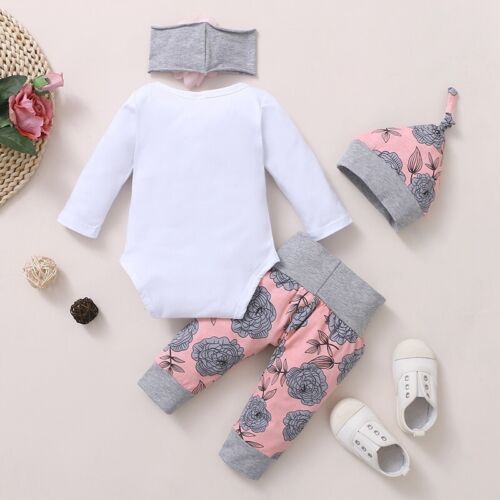 Baby Girl 4PCS Romper Pants Hat Headband Outfit(514)