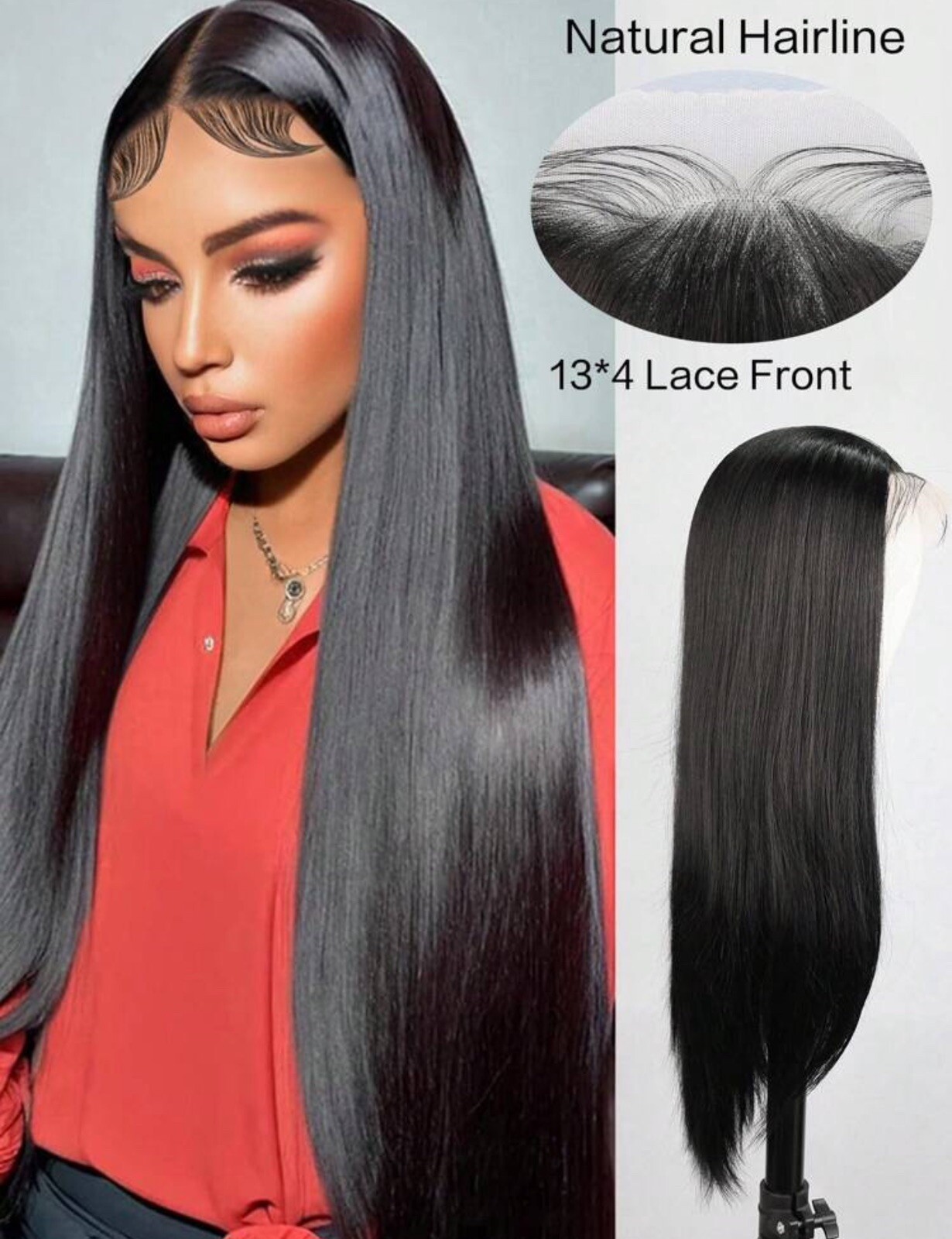 Perruque synthétique noir longue thermorésistante wig lisse dentelle 13x4