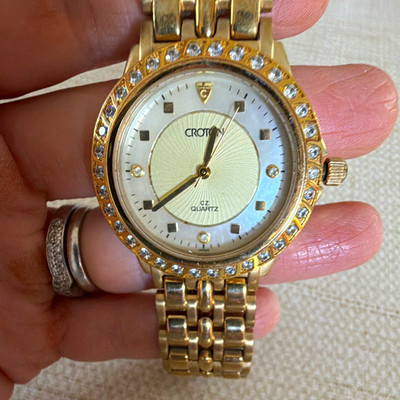 Croton Quartz Gold-Tone CZ Bezel Sunburst Dial 30mm 10 ATM Bracelet