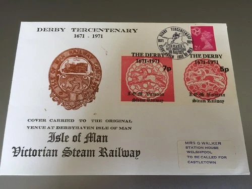 GB STAMPS RARE FIRST DAY COVER 1971 DERBY TERCENTENARY ISLE OF MAN STEAM RAILWAY