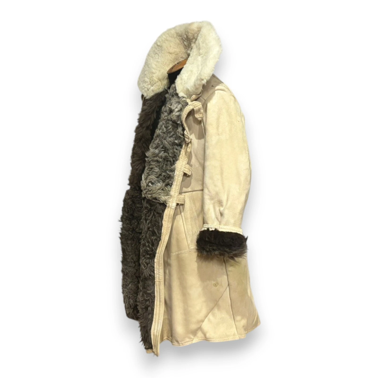 Soviet Army Sheepskin Shearling Coat Heavy Winter Fur Bekesha Jacket Beige L image 5
