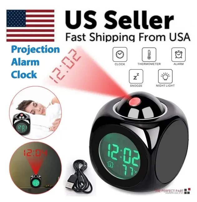 LED Projection Alarm Clock Digital LCD Voice Talking Weather Snooze USB Black featured image