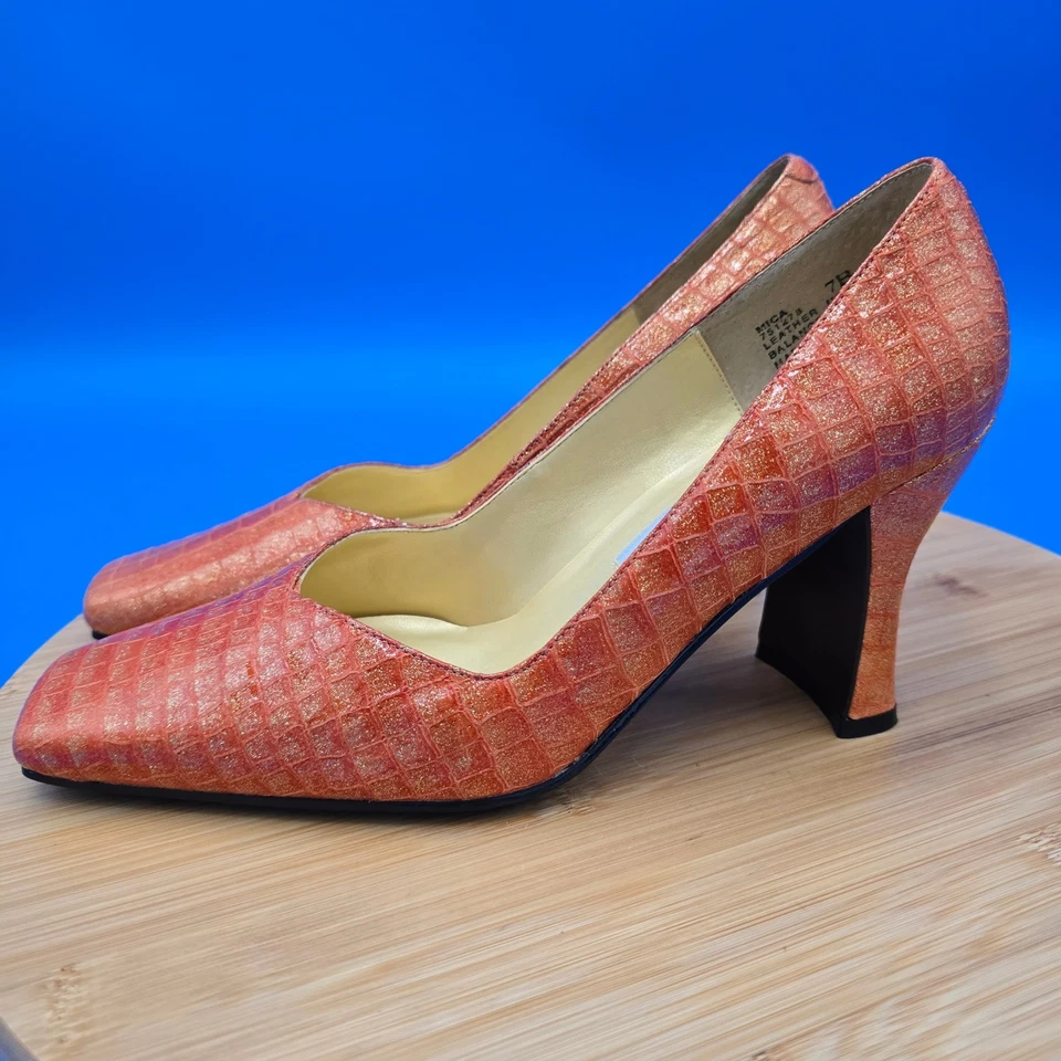 Bellini 皮革方头高跟鞋橙色鳄鱼浮雕晚会鞋 7B 二手状况完好 — 第 2/4 张图片