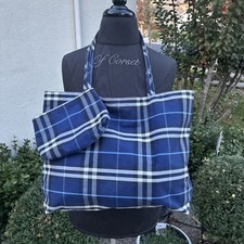 Burberry London Blue Tartan Multicolor Tote Shopper Plaid With Pouch