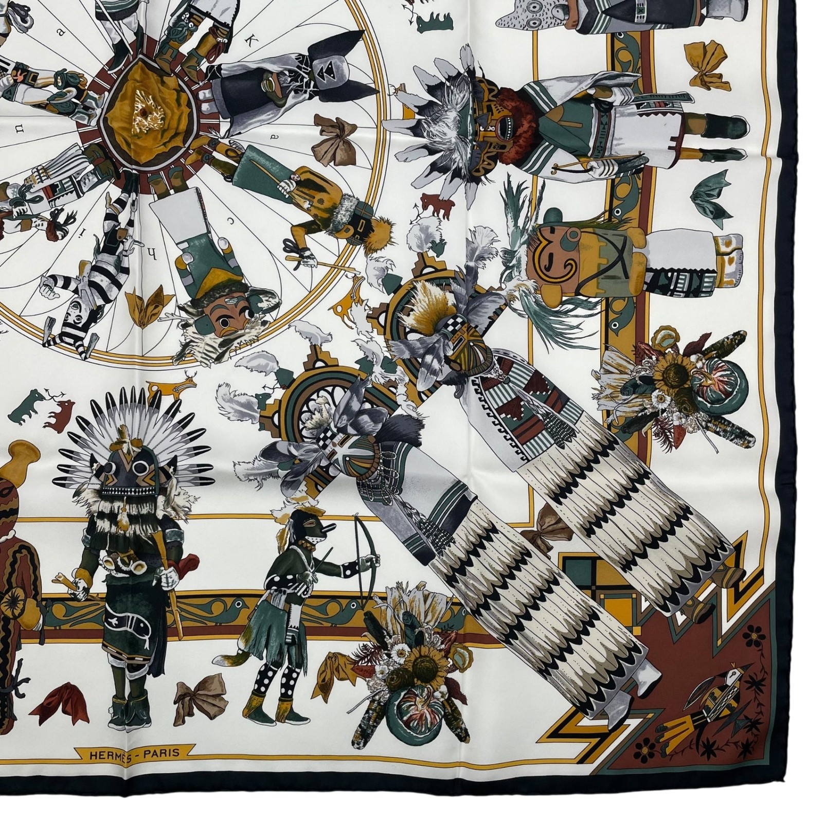 Excellent HERMES Carré 90 Silk Scarf “Kachinas”White – With Box image 6