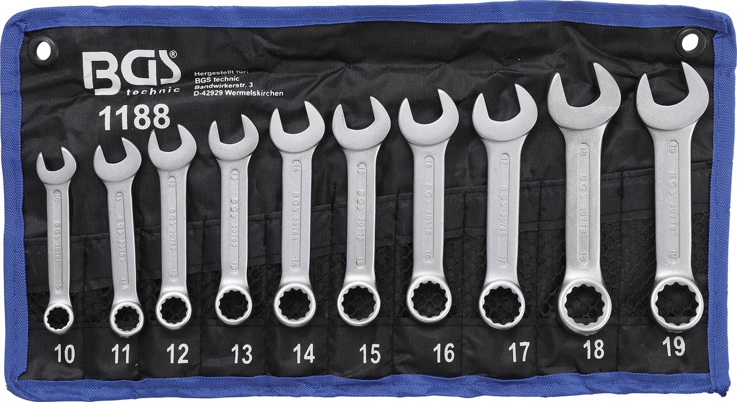 Jeu de clés mixtes courtes BGS Technic 10-19 mm pour la réparation mécanique automobile et moto
