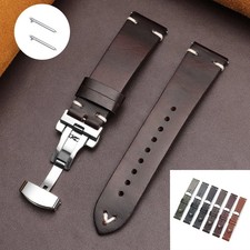 Genuine Leather Butterfly Buckle Watch Bands 18/20/22mm Waterproof Retro Oil Wax
