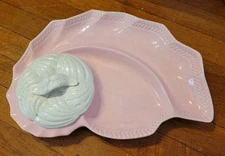 Vintage Hoenig California Pottery Divided Serving Dish Chip Dip 471 Pink w Lid 