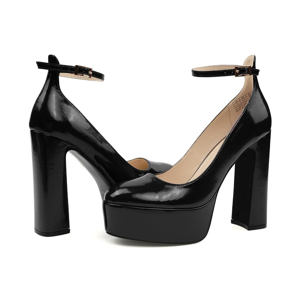 Women’s Platform Shoes – Chunky Block Heel – Glossy Mary Jane Strap – Rounded Toe