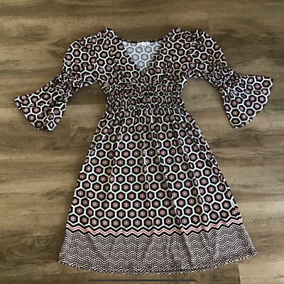 Sophie Max Dress Size XS Y2K Bell Sleeves Geometric Print White