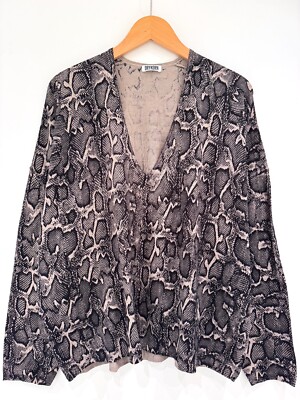 Drykorn Jumper Shirt Beige Brown Python Print V Neck M 38 Cotton Mix