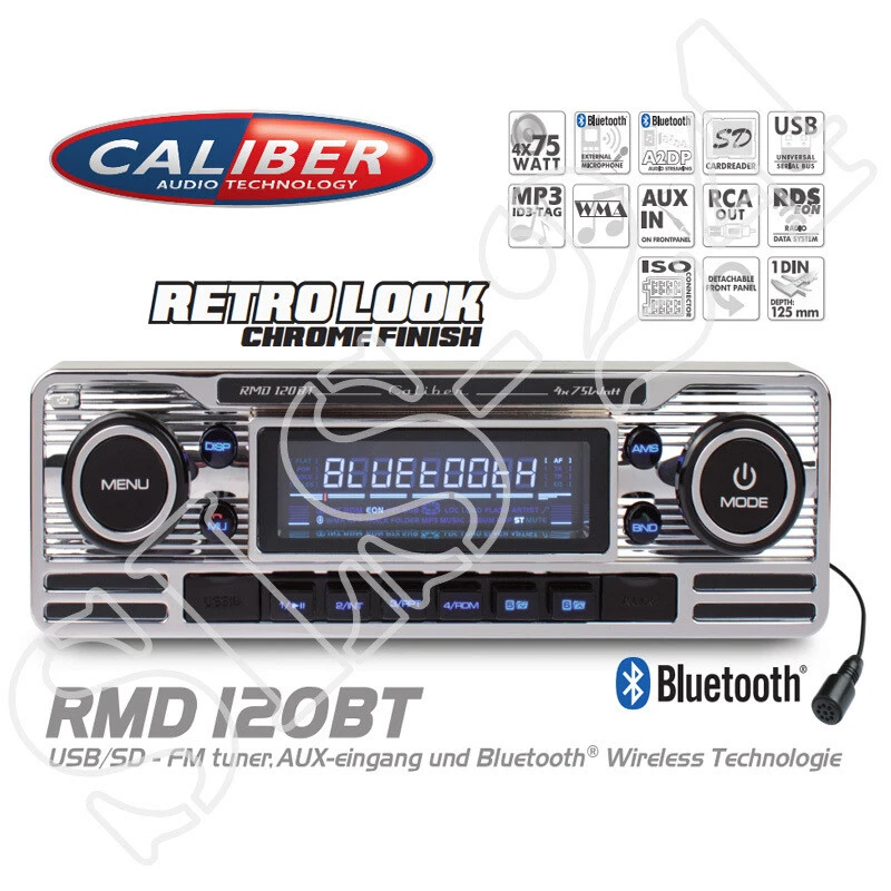 Caliber RMD120BT Bluetooth Car Stereo USB SD Retro Design Radio Vintage  Chrome 8714505041889 | eBay