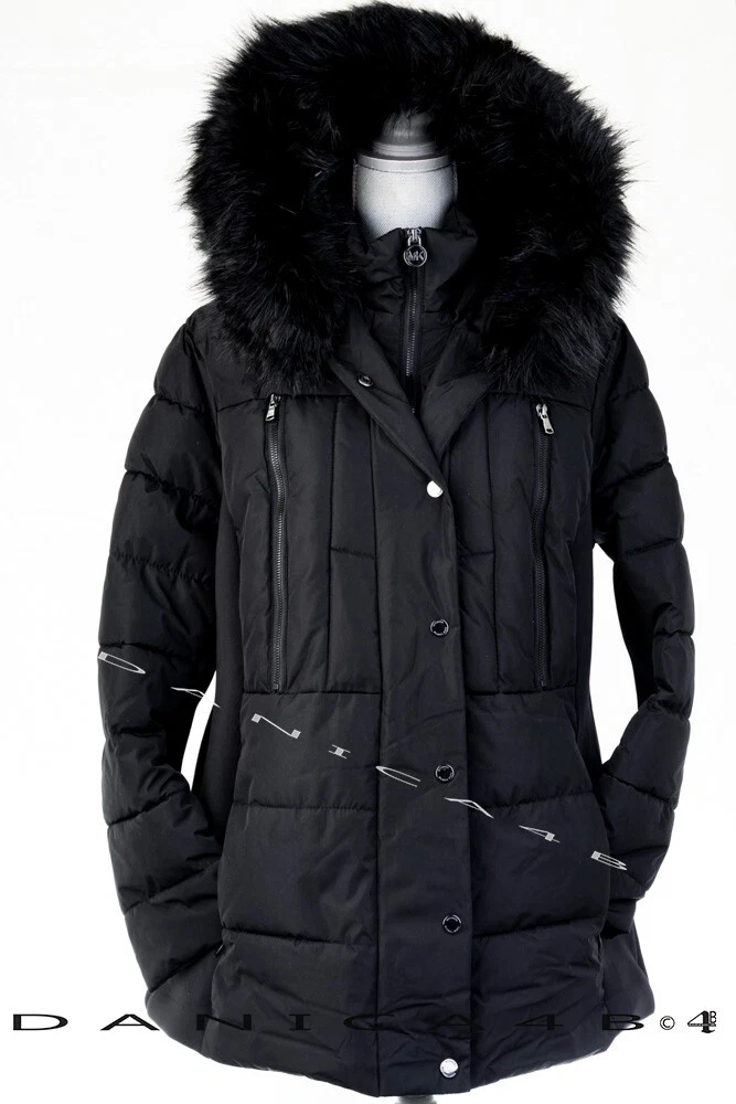 Michael Kors Women s Hooded Faux Fur Trim Bib Puffer Coat Jacket Plus 1X Black