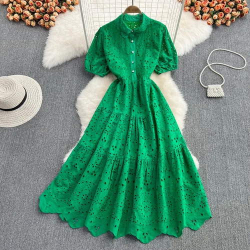 Mujeres Camisa Midi de Encaje Línea A Hueca Grande Swing Vestido Sólido Vacaciones de Verano - Imagen 5 de 25