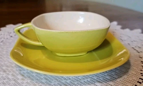 VINTAGE Square Teacup Coffee Mug RED WING POTTERY  Mustard Yellow White Mod MCM