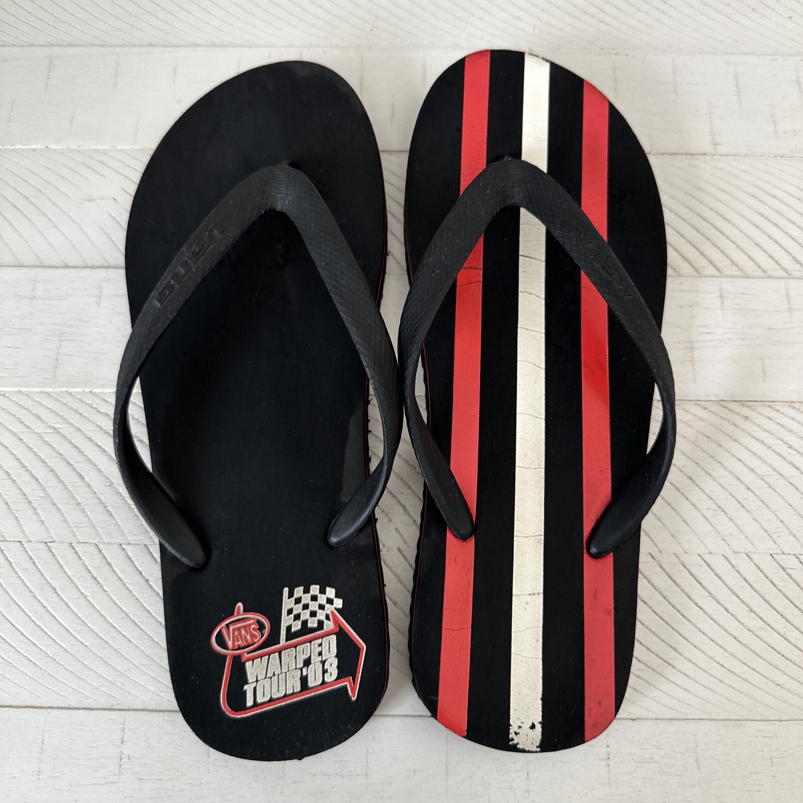 Vans Warped Tour 2003 Vintage Womens Size 7 Black Red White Flip Flop Sandals-image