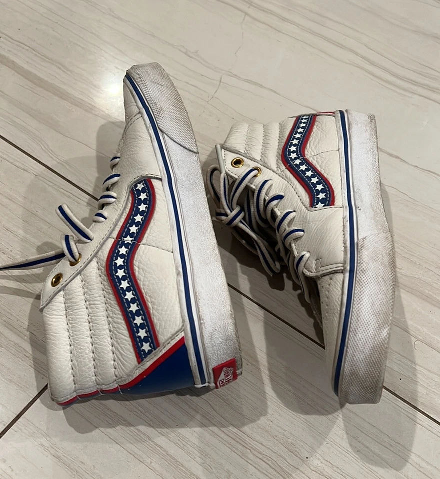 Vans SK8-HI Americana Cuero Blanco Verdadero Rojo Azul Rayas (Niños Talla 2.5) Foto 2 de 4