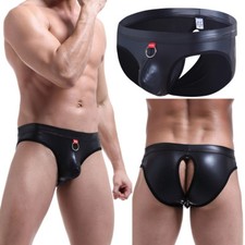 Men's Faux Leather Backless Thongs Pouch Underwear back-open crotch Briefs S-XL