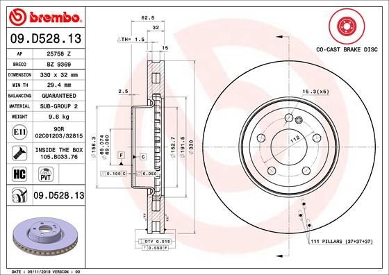 Disques de frein Brembo 09.D528.13 en fonte de carbone pour essieu arrière