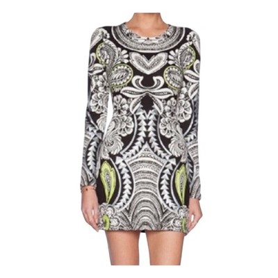 MINKPINK Black White Lime Green Paisley Print Long Sleeve Mini Dress Size S