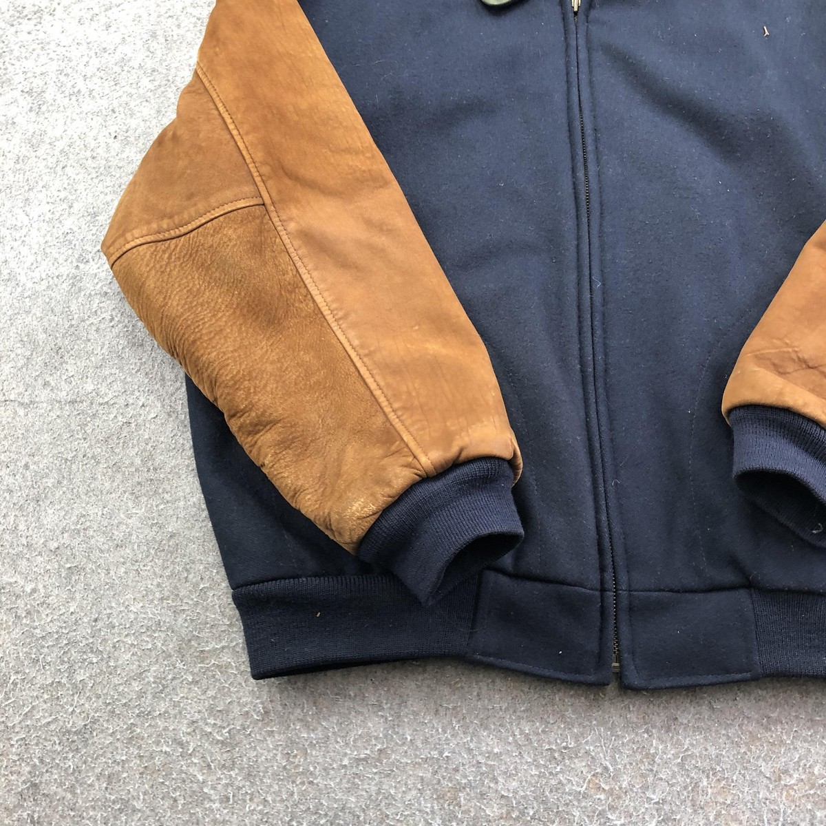 Vintage Eddie Bauer Jacket Mens Large Blue Wool Leather Bomber
