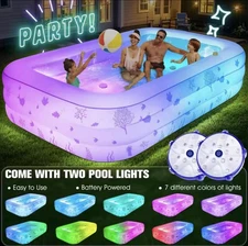 Inflatable Pool w/ Seat + Pool Lights Large Size for Adults Blow Up Pool (White)
