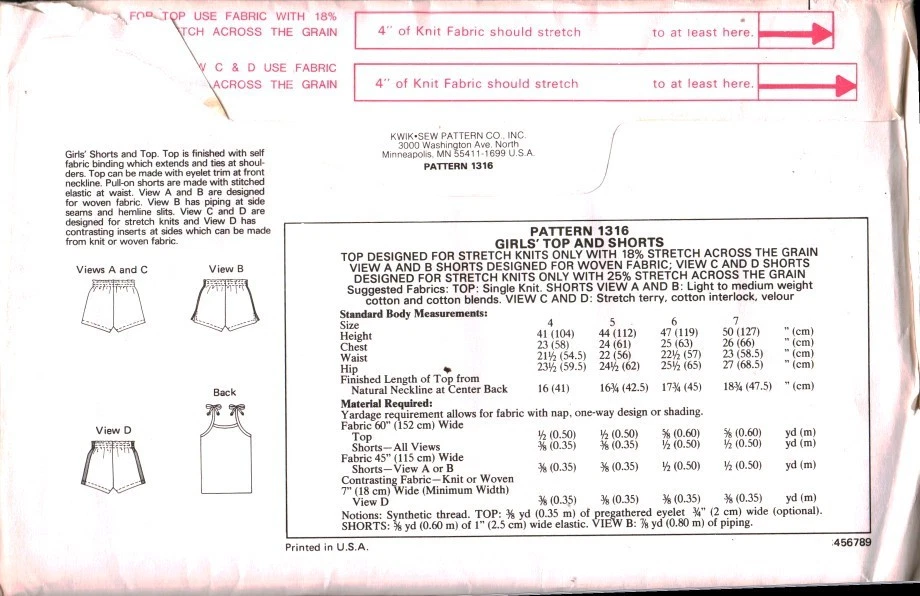 1316 Vintage Kwik Sew SEWING Pattern Girls Stretch Knit Top Shorts UNCUT OOP 4-7 - Image 2 of 2