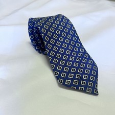 Vintage Burberrys London New York Paris Blue Geometric Medallion 100 Silk Tie